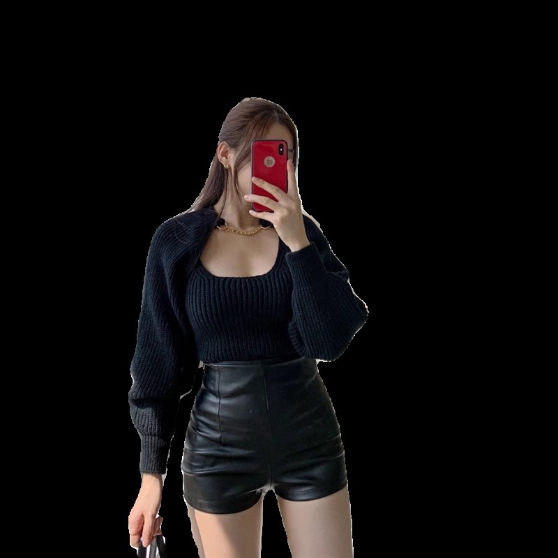 秋冬pu皮短裤女2023新款紧身弹力包臀三分裤显瘦百搭黑色高腰靴裤