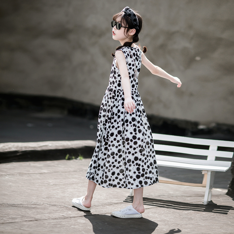 女童夏装连衣裙文艺小清新长款背心裙大童女装亲子装母女波点长裙