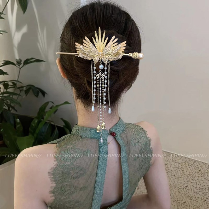 超仙翅膀流苏发簪女高级感古风后脑勺盘发簪子新中式步摇发钗头饰