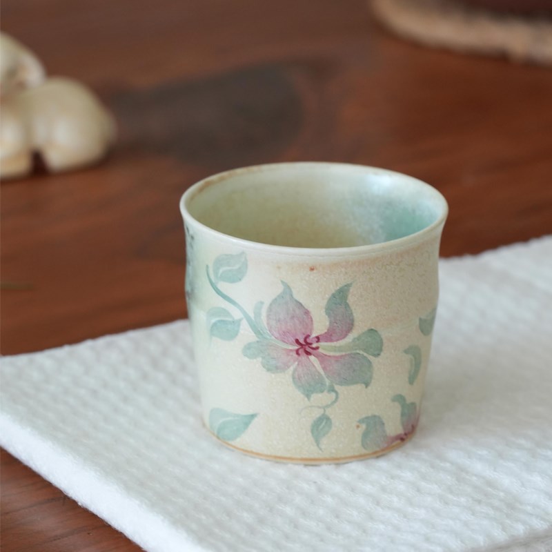 手绘粉莺尾杯男女茶杯温单杯品茗杯