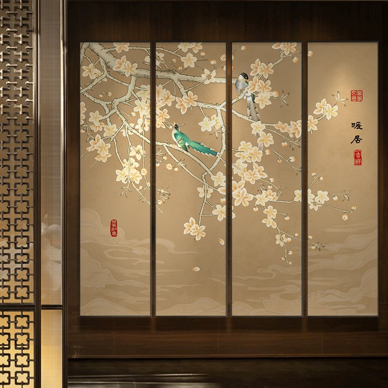 喜上枝客厅沙发背景墙饰画中鸟挂画玉兰壁画