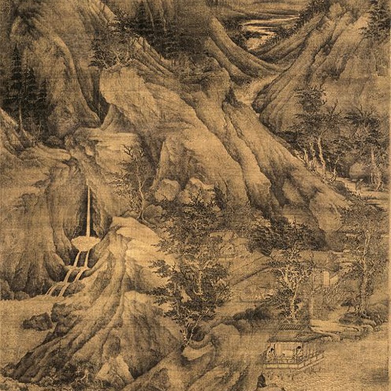五代 董 溪岸图 国画山水风景画 宣绢布古画艺术微喷复制
