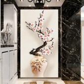 玄关走廊过道立体竖装 饰画墙纸壁画梅瓶壁纸墙布