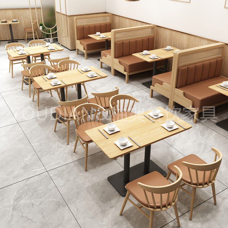 靠墙卡座餐桌沙发洽谈吧西奶茶店咖啡厅实木桌椅商