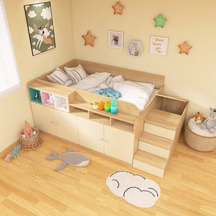 儿童半床小户型全实木男孩卧室奶油风带书桌一体