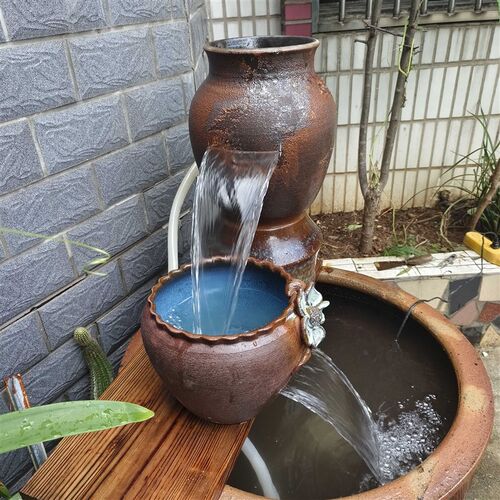 古法鱼缸庭院生态缸瀑布流水陶罐循环流水造景冲氧过