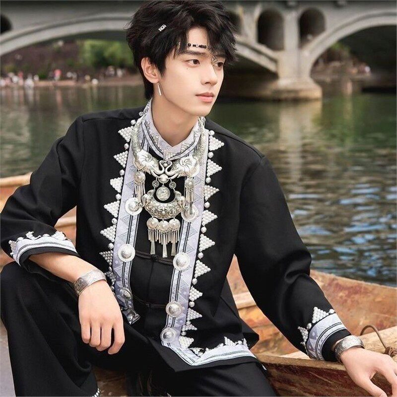 新款云南少数民族苗族土家族壮族哈尼族服装舞蹈演出旅拍男士服装