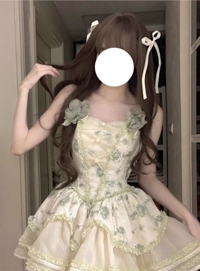 渔老板原创正版 Lolita 茉莉雨绿色鱼骨连衣裙【单裙子小物单买】