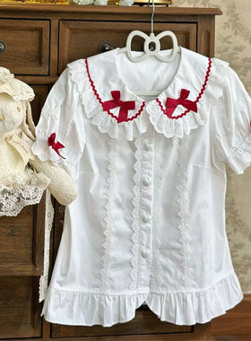 洛丽塔蝴蝶结娃娃领Lolita内搭短袖白衬衫女夏季上衣内衬白色衬衣