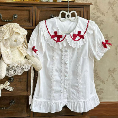 洛丽塔蝴蝶结娃娃领Lolita内搭短袖白衬衫女夏季上衣内衬白色衬衣