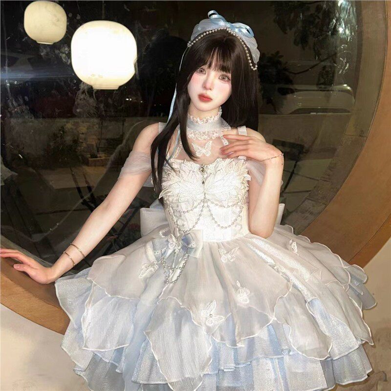 现货【天鹅湖】韩版收腰lolita礼服显瘦蝴蝶洛丽塔蓬蓬裙约会套装