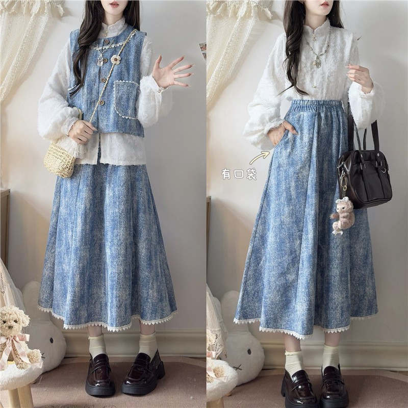 蓝色小清新牛仔提花套装裙女春秋2025新款设计感马甲半身裙三件套