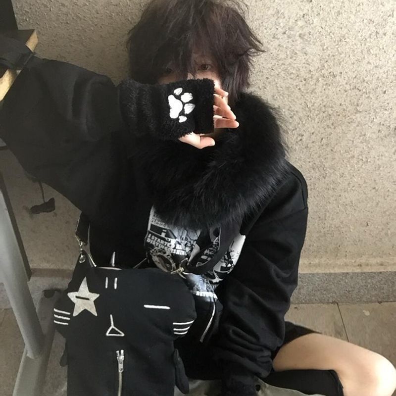 美式y2k亚文化毛领外套女秋冬款视觉系辣妹朋克摇滚开衫连帽卫衣