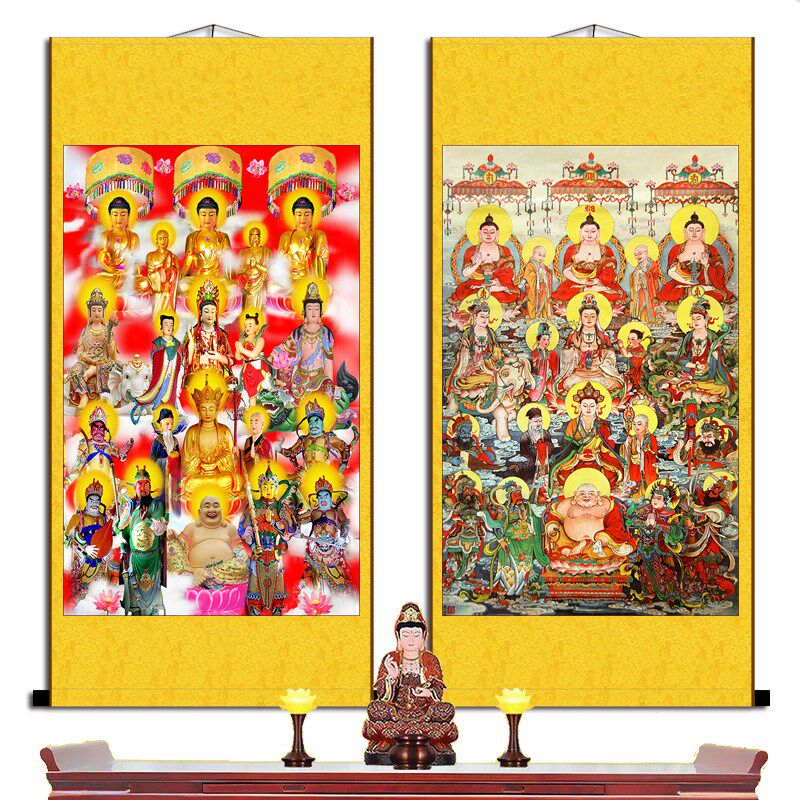 全佛万佛图挂画 满堂佛画像卷轴画客厅装饰画 丝绸材质已装裱
