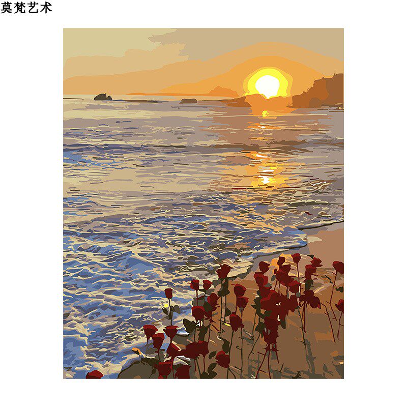 数字油画手工填充海上生梦幻海滩风景画手绘涂色油彩画画
