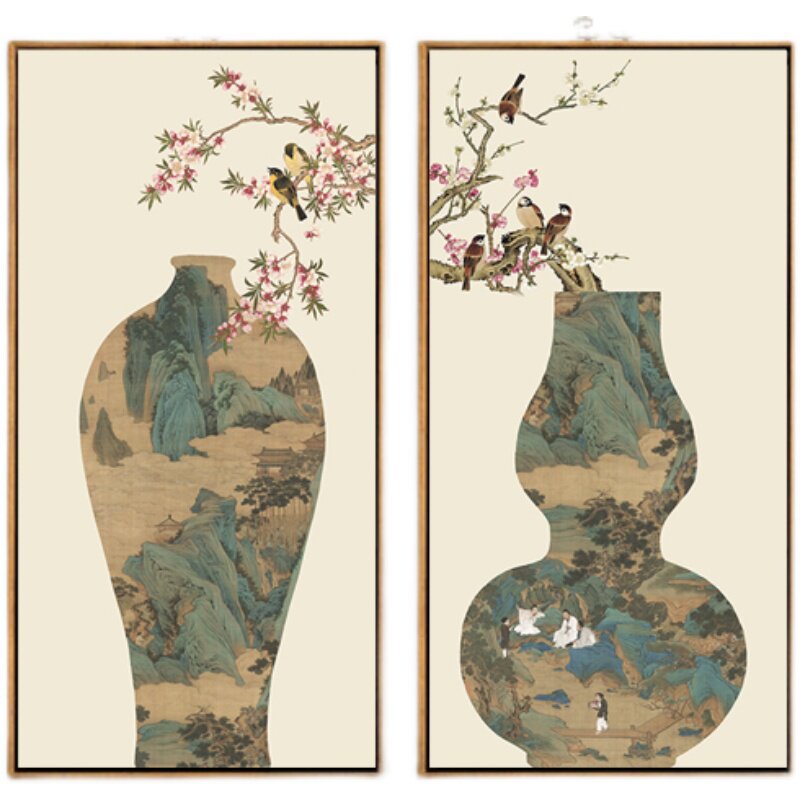 新玄关装饰画鸟山水竖挂画入户进门走廊茶室背景墙壁画