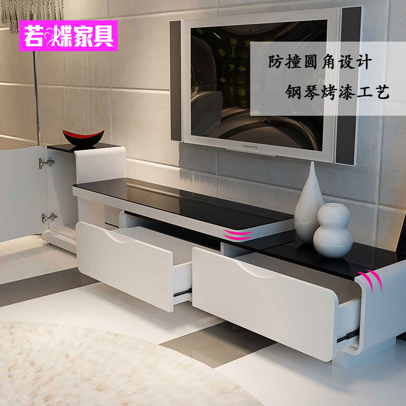 若蝶 烤漆客厅小户型茶桌 黑白色现代茶几钢化玻璃电视柜