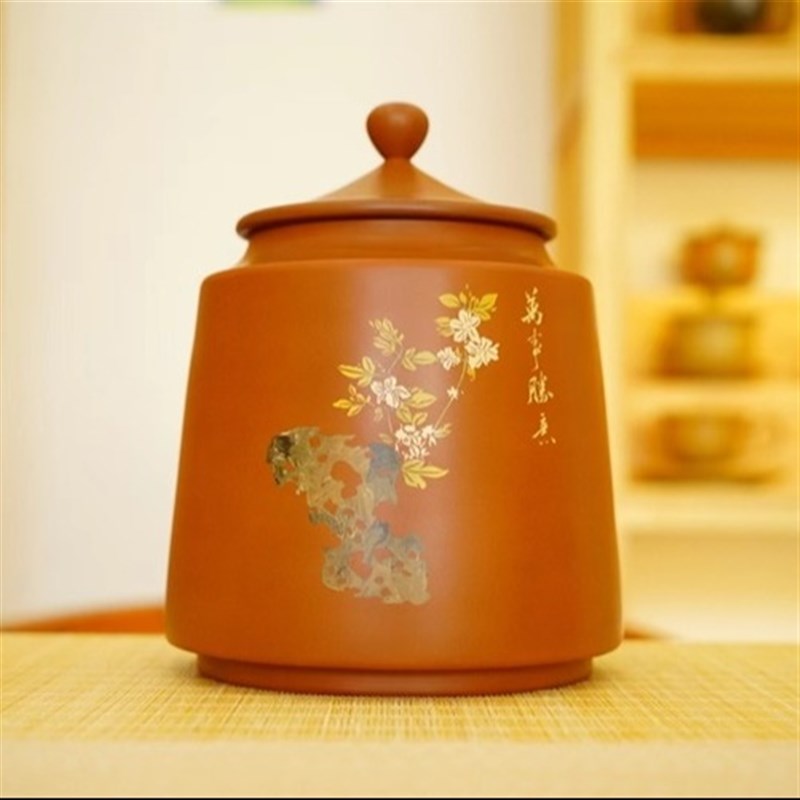 建水紫陶纯手工密封茶叶罐天然原矿泥料刻填饰茶桌醒茶罐
