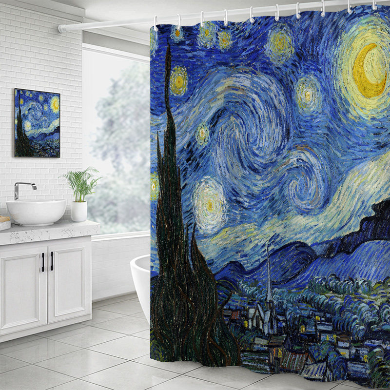 梵名画星空杏浴帘免打浴室挂帘洗澡防水帘帘
