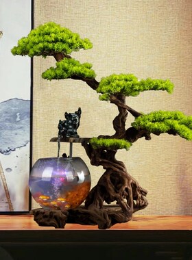 仿真根艺迎客松流水鱼缸枯木客厅酒店玄罗汉松招财根雕假树
