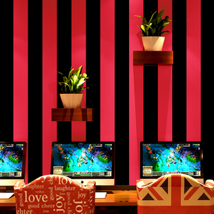 网吧壁纸 歌厅红色黑色竖条纹美发理发店时尚现代网咖墙纸