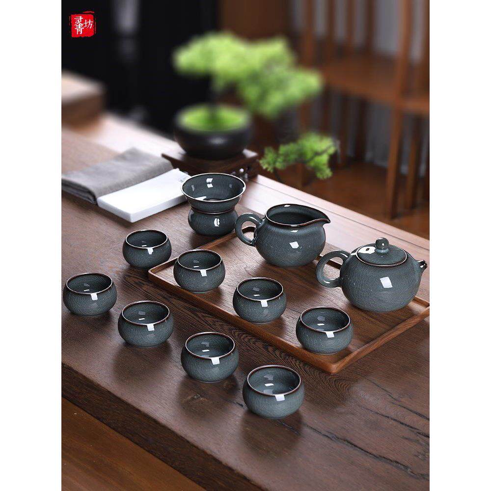 青瓷高端功夫茶具套装家用办公室会客送礼陶瓷泡茶壶茶杯哥窑冰裂