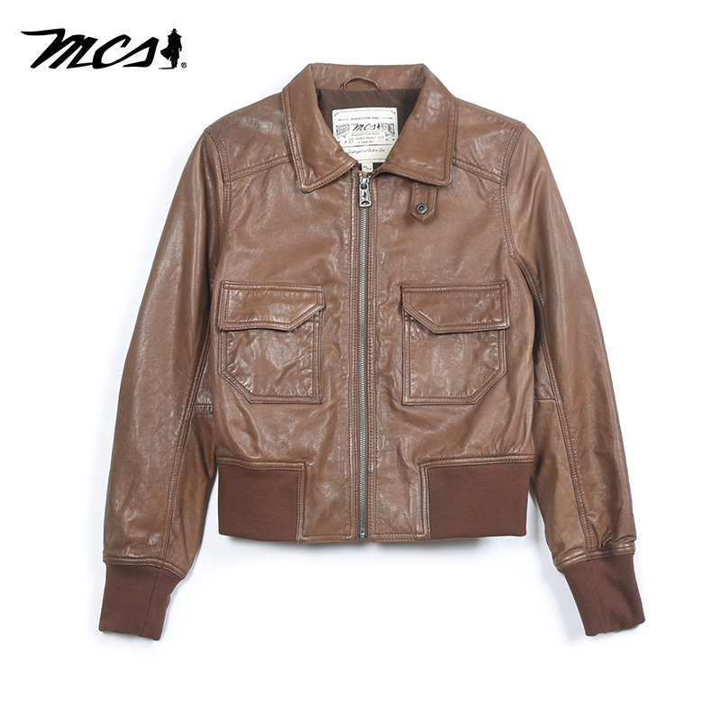 MCS机车风修身翻领短款羊皮皮衣