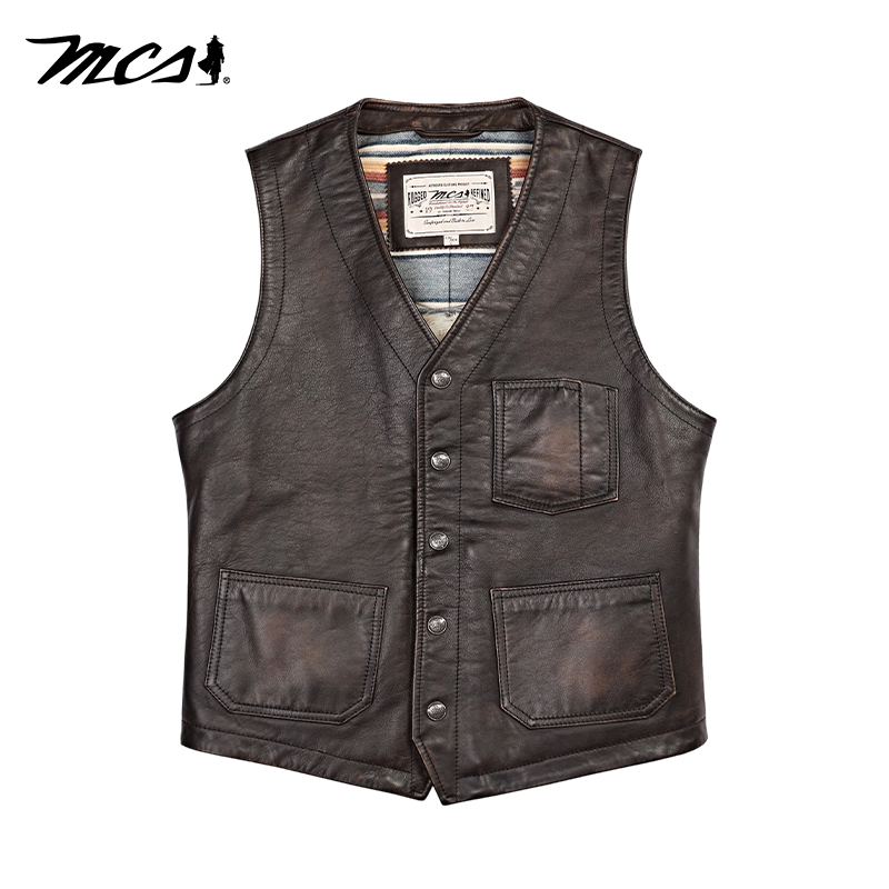 MCS水洗褪色机车款牛皮皮衣马甲