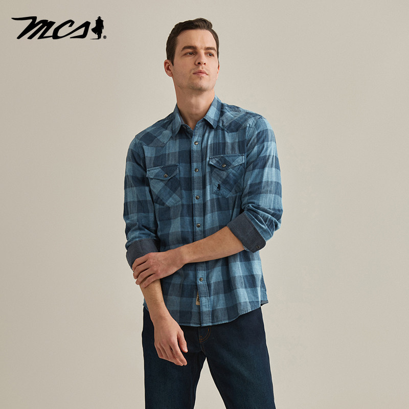 MCS合身休闲格子长袖牛仔衬衫男