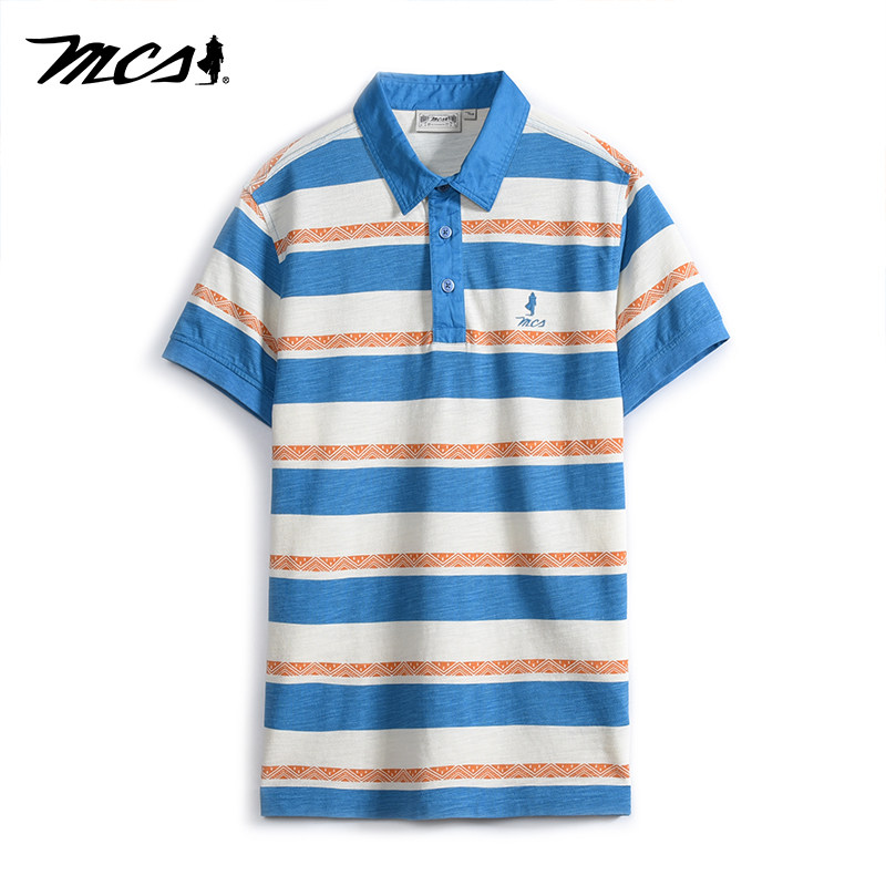 mcs休闲撞色条纹短袖T恤polo衫男
