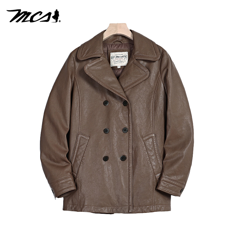 MCS女装源自万宝路秋冬季女款变化领双排扣中长款绵羊皮羽绒皮衣