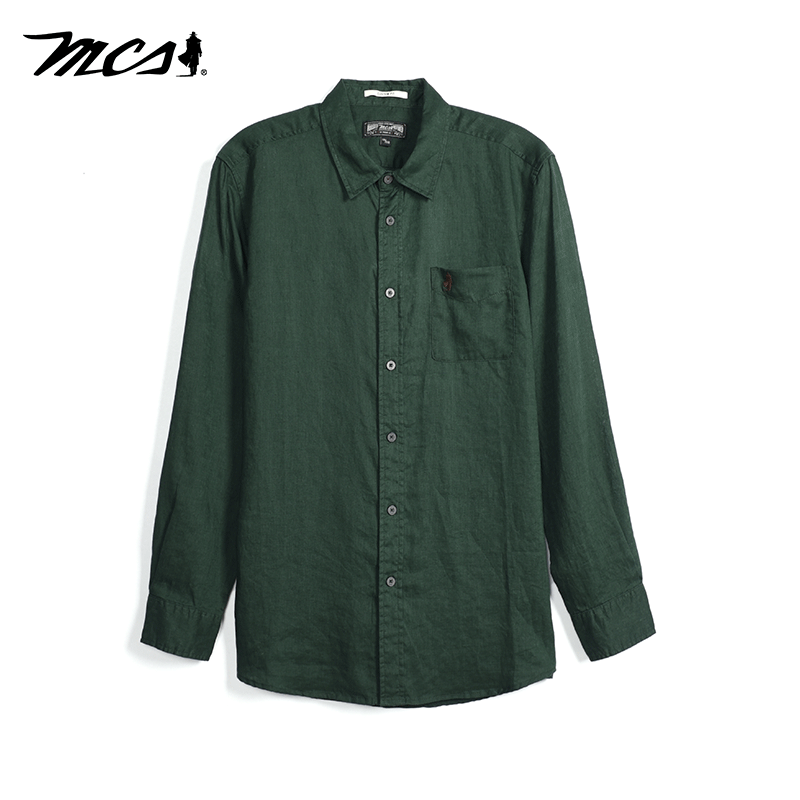 MCS亚麻合身净色单袋长袖衬衫男