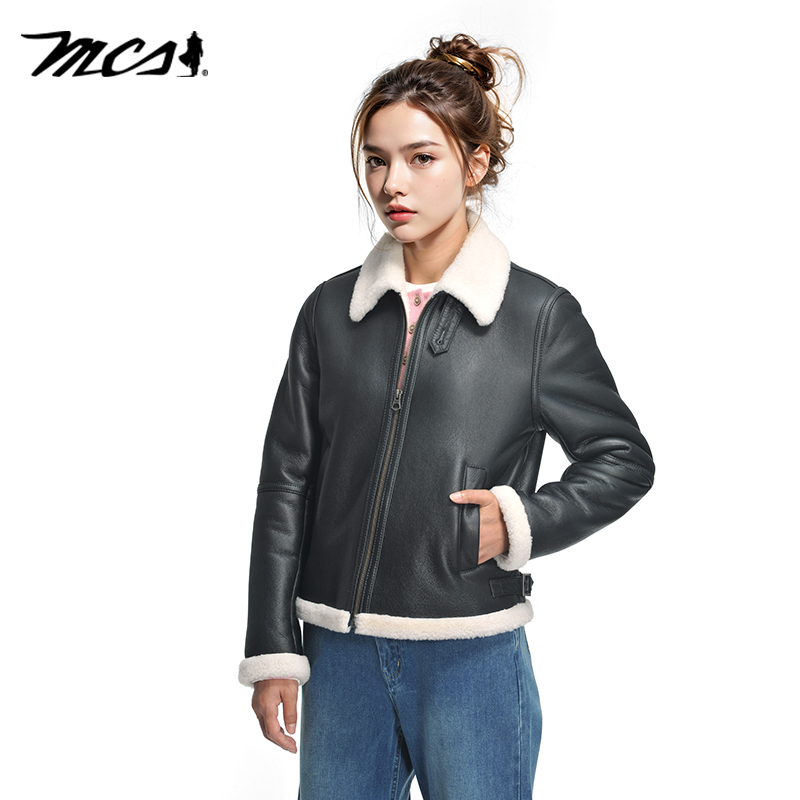 MCS翻领绵羊皮机车皮衣夹克女士