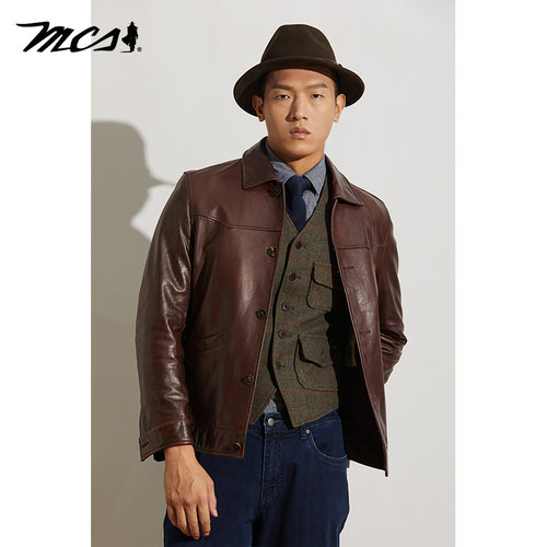 MCS修身版翻领短款绵羊皮革皮衣
