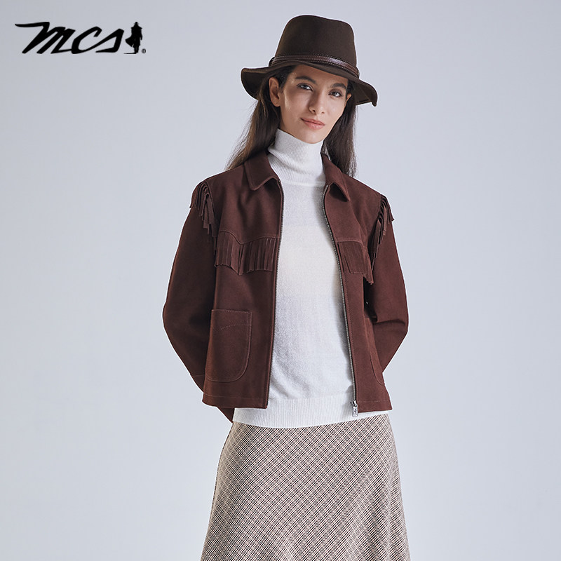 MCS翻领皮革户外牛仔风短款皮衣