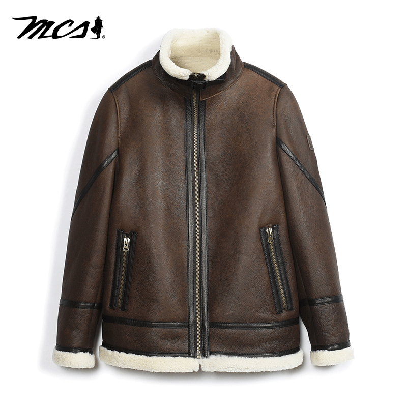 MCS合身立领皮毛一体羊毛革皮衣