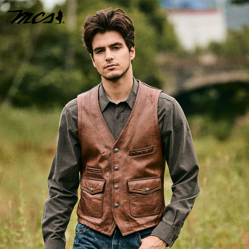 MCS复古V领绵羊皮革四袋皮衣马甲
