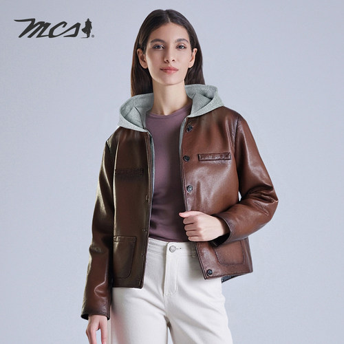MCS女款卫衣帽植鞣绵羊皮革皮衣
