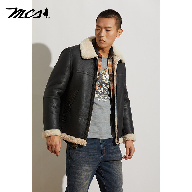 MCS翻领短款保暖皮毛一体皮衣男