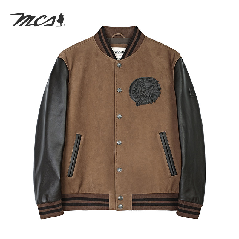 MCS磨面牛皮拼色棒球领皮衣男士
