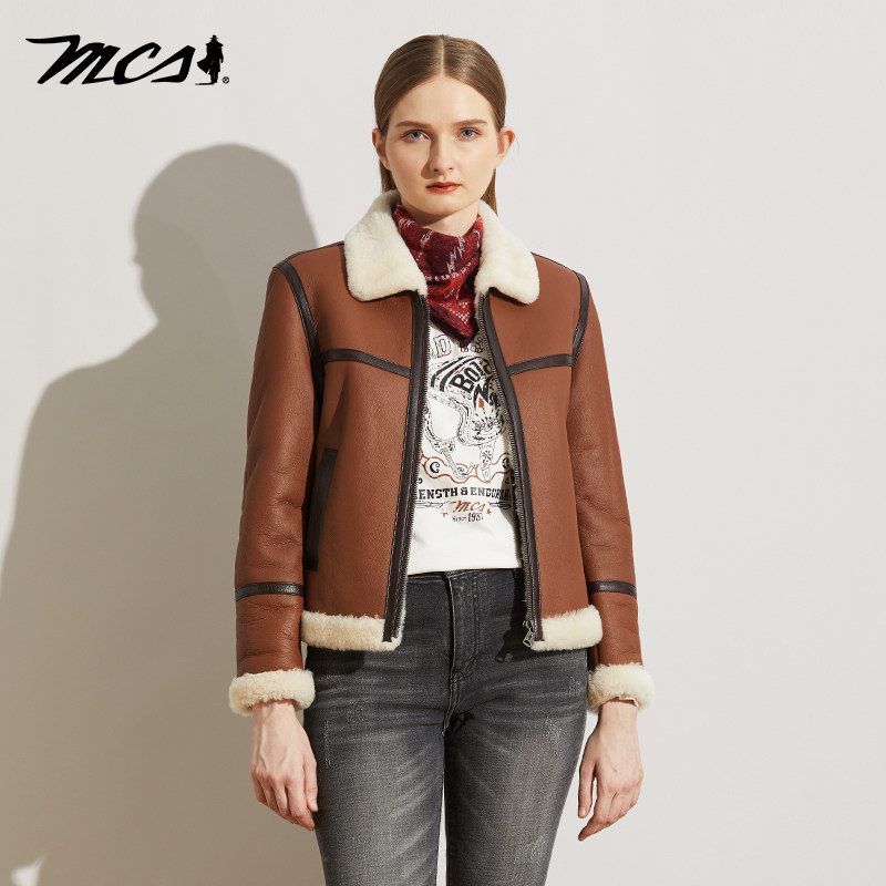 MCS美拉德合身短款羊毛一体皮衣