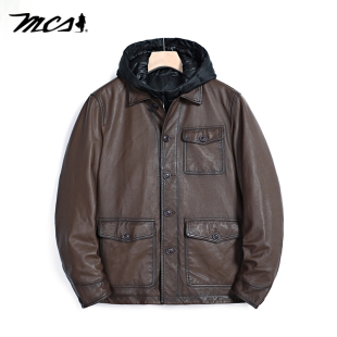 MCS男装 鸭绒保暖连帽夹克外套绵羊皮真皮皮衣 源自万宝路秋冬新款