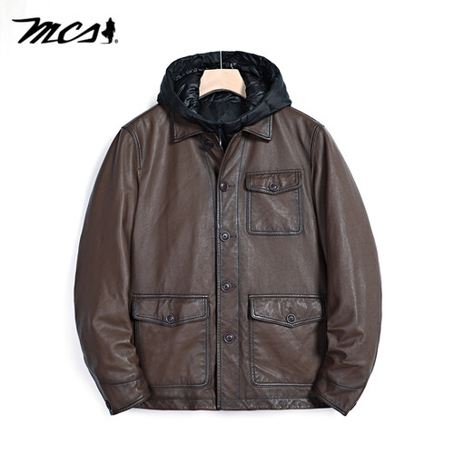MCS鸭绒保暖连帽羊皮皮衣夹克男