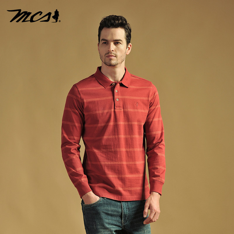 MCS纯棉柔软条纹商务长袖T恤衫男