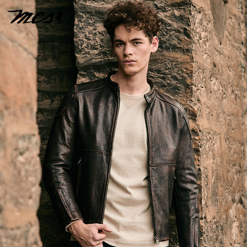 MCS做旧修身短款立领牛皮革皮衣