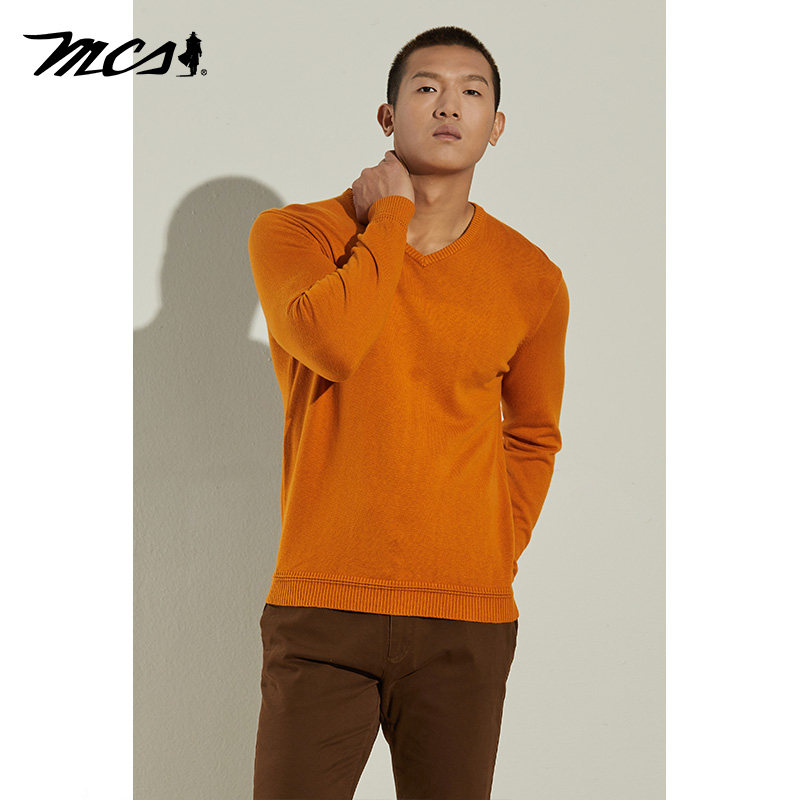 MCS男装源自万宝路美式休闲简约长袖合身V领百搭净色混绒衫