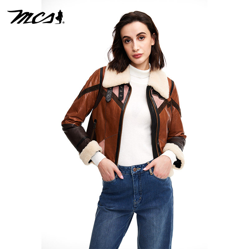MCS翻领拼接短款羽绒羊皮革皮衣