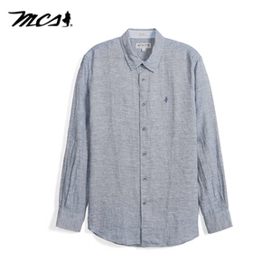 MCS男装源自万宝路合身净色全麻长袖衬衣男士商务休闲翻领衬衫男