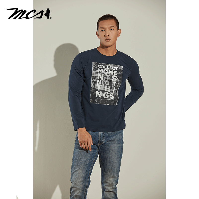MCS男装原身布印花圆领长袖T恤