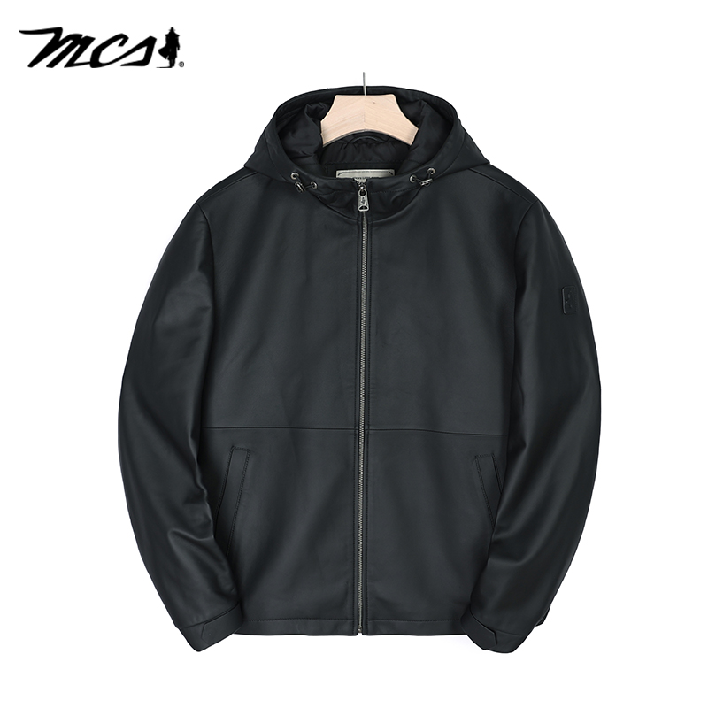MCS男装源自万宝路秋冬新款连帽真皮皮衣夹克绵羊皮保暖外套男士